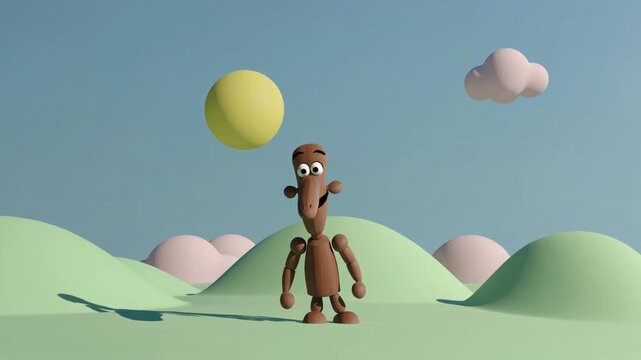 Personnage stylis&eacute; 3D en bois sous un soleil pastel