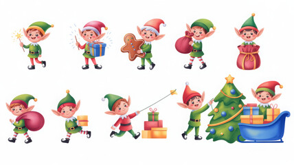 Fototapeta premium Set of cute Christmas elf characters watercolor illustration for holiday decoration isolated on white background