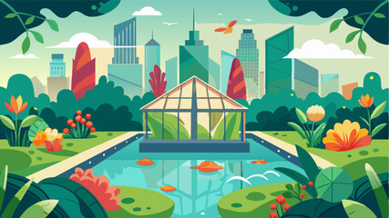Fototapeta premium A rooftop garden unlike any other this unique space features a greenhouse filled with exotic plants and a koi pond surrounded by lush greenery. The city below is transformed into a