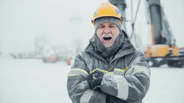 A senior construction worker yawns or shouts in a heavy winter blizzard. Portrait of a man in a hard hat working in extreme cold weather conditions. Labor and endurance concept