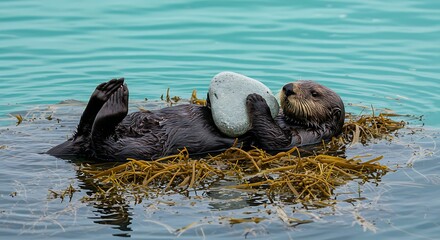 A sea otter floats on its back in the ocean holding a rock on its chest among some seaweed strands