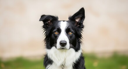 Close up of a black and white border collie with amber eyes looking directly at the camera outside