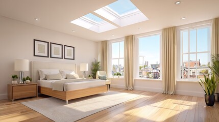 Fototapeta premium Spacious bedroom interior with natural light from windows and skylights