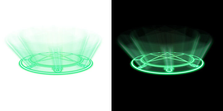 Glowing green summoning magic circle with transparent and black background
