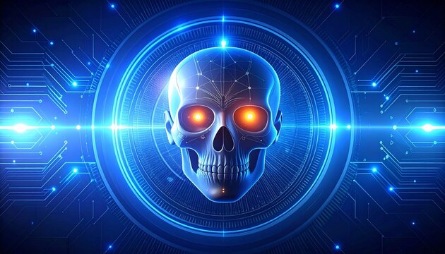 Digital skull amidst glowing circuitry