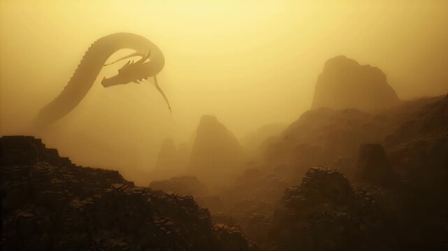Majestic dragon gliding above amber fog over rugged canyon rocks at sunset