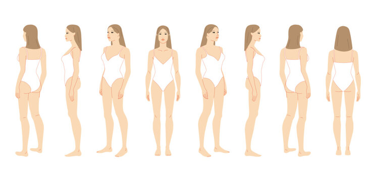 Vector illustration of a 7 head woman in white swimsuit, displaying multiple angles including front, side, and back. Perfect for fashion sketches, anatomy reference, and style design.