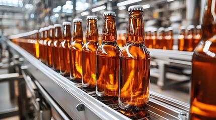 Bottles of Beer on a Conveyor Belt in a Brewery.