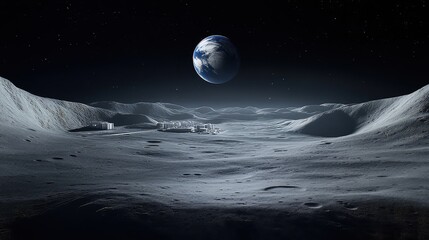 lunar base at sunrise, with the long shadows of sleek, modular habitats and mining equipment stretching across the grey lunar regolith, the Earth hanging in the black sky, render.