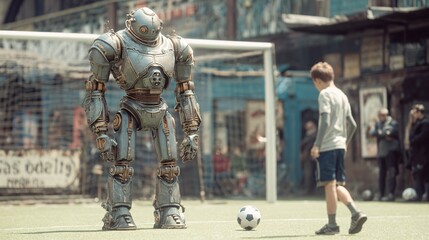 Robot stands tall on a soccer field with a boy and ball nearby.