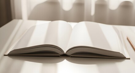 Open Book on Desk, Blank Pages Bathed in Sunlight and Shadows