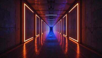 Long concrete corridor with vibrant orange and blue neon lights, creating a futuristic and atmospheric tunnel effect, leading into a mysterious digital void
