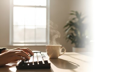 Hands Typing on Keyboard with Steaming Coffee by Sunny Window