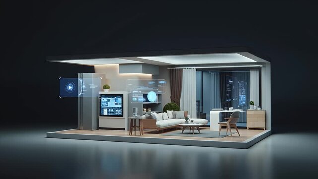 Modern open-plan living room and dining area inside an illuminated contemporary apartment cutaway