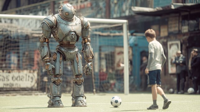 Robot stands tall on a soccer field with a boy and ball nearby.