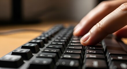 Persons Hand Typing on a Modern Black Computer Keyboard Close up