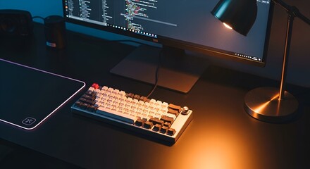 Sleek Workspace with Code on Monitor, Mechanical Keyboard, and Ambient Light