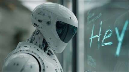 Fototapeta premium Futuristic robot with helmet looking at a screen with the word hey