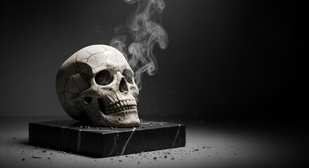 Cracked Human Skull Emitting Smoke on a Dark Marble Base