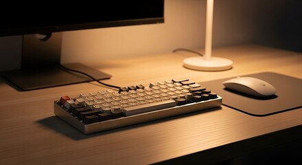 Modern Minimalist Desk Setup with Mechanical Keyboard and Soft Lamp Light