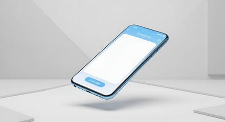 Floating Blue Smartphone with Download Screen in Modern Geometric Scene