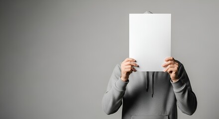 Person Hiding Face Behind Blank White Paper in Gray Hoodie