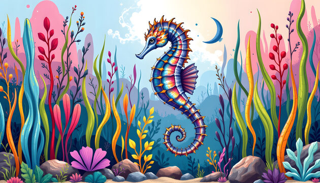 Watercolor Seahorse with Kelp Flat Kelp Forest Scene