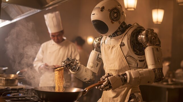 Futuristic robot chef cooks noodles in a pan with chopsticks in a kitchen.