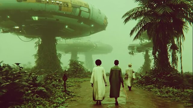 People walking path through foggy alien jungle with large hovering structures and futuristic tropical landscape footage.