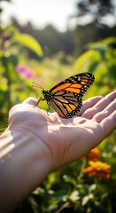 Monarch Butterfly Resting on a Gentle Hand in a Sunny Garden.