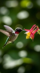 Hummingbird Sipping Nectar from a Columbine Flower in Natural Light.