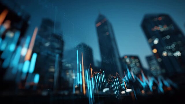 経済と金融市場のイメージ動画― ファイナンシャルデータと都市の景色 ―