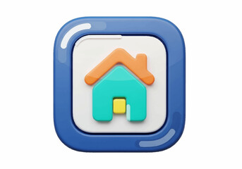 Stylized 3D Home Icon with Blue Border and White Background.