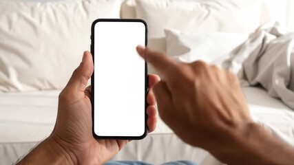 Smartphone interaction in a bright bedroom, showcasing a blank display