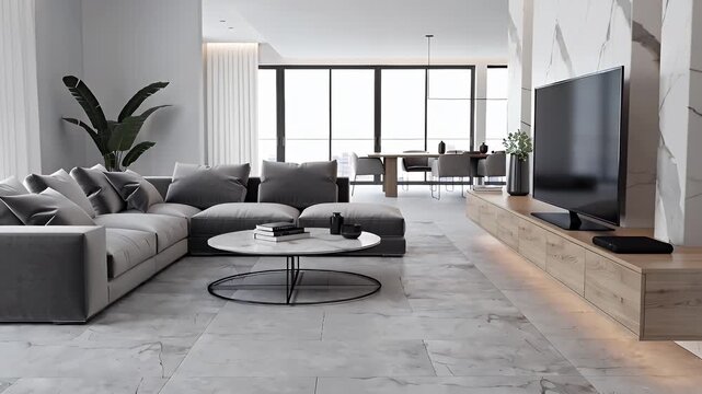 Spacious Modern Living Room with Grey Sectional, Marble Accent Wall and Large Windows