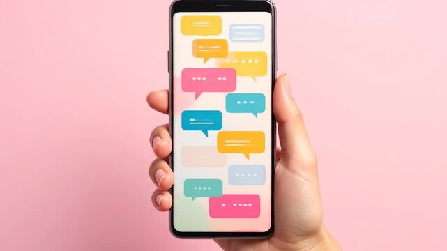 Smartphone Displaying Colorful Messaging Bubbles Against a Pink Background