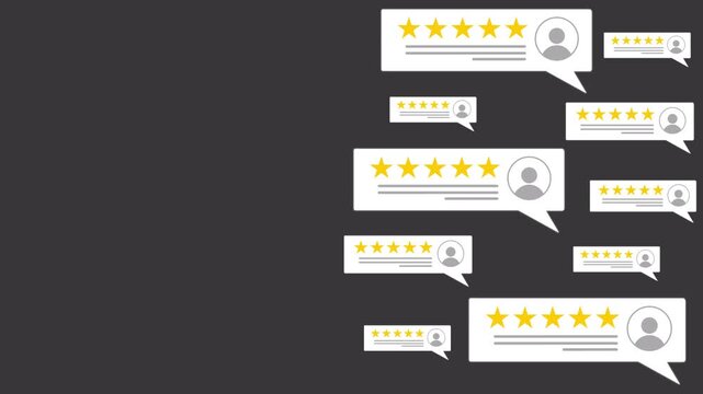 Animated transparent background of positive star ratings, client reviews, and customer feedback for app, website, social media, and online services.