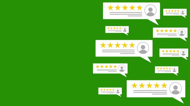 Animated transparent background of positive star ratings, client reviews, and customer feedback for app, website, social media, and online services.