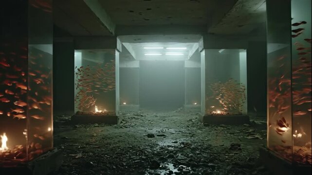 Desolate underground passage with fish tanks and flickering lights, lost civilization, and mysterious underwater ruins footage