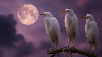 Three white birds perched against a full moon and purple sky