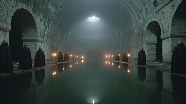 Monks in black robes standing by reflective water in an ancient flooded underground chamber or catacomb, mystic ceremony footage.