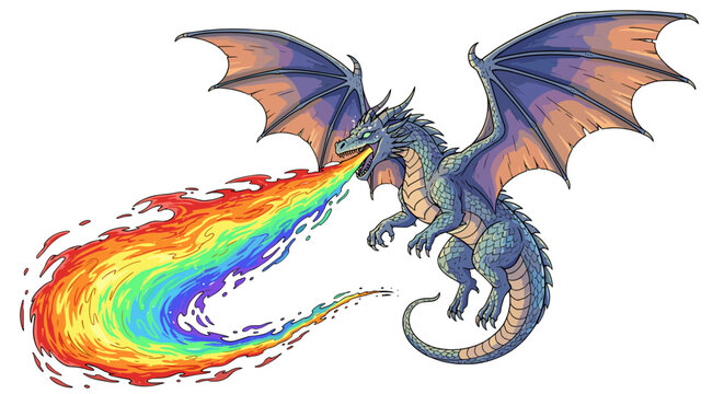 Majestic Blue Dragon Breathing Rainbow Fire Isolated on Transparent Background Pixel Art Fantasy Creature