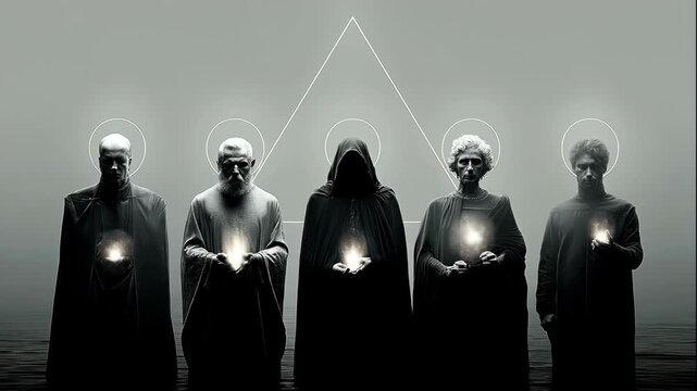 Five men holding glowing orbs with a geometric triangle symbol above mystical dark figures at sea, footage