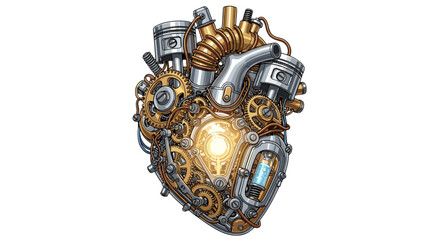 Intricate Steampunk Heart Mechanism with Glowing Core and Gears Isolated on Transparent Background