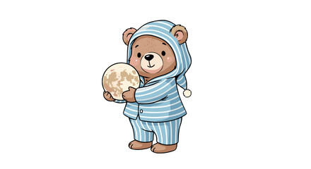 Adorable sleepy bear wearing striped pajamas holding a bright moon isolated on transparent background for sweet dreams
