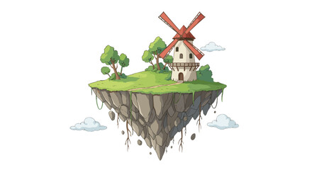Whimsical Fantasy Floating Island With Red Windmill Serene Countryside Scene Isolated on Transparent Background