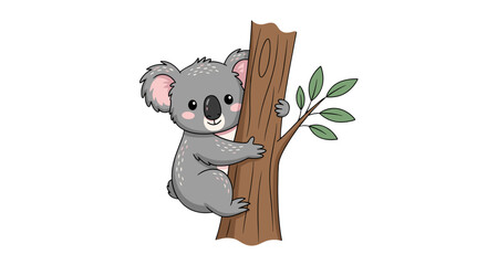 Cute Cartoon Koala Bear Climbing Tree Branch Adorable Australian Wildlife Isolated on Transparent Background