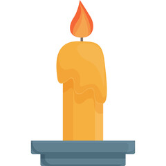 A Simple Cartoon Illustration of a Tall Orange Candle Burning with a Blue Candle Holder Against a White Background