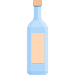 A simple cartoon drawing of a light blue glass bottle with a peach colored label and a light brown cap isolated on a white background
