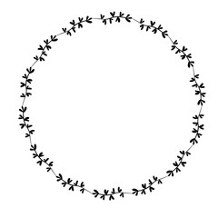 Hand drawn plants, dividers, wreaths, border frames. Circle floral frame with leaves on white background. Vector hand drawn illustration for wallpaper, posters, card. Copy space. Doodle style.
